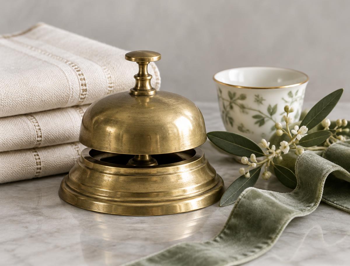 Antique brass service bell beside folded linen and a porcelain cup