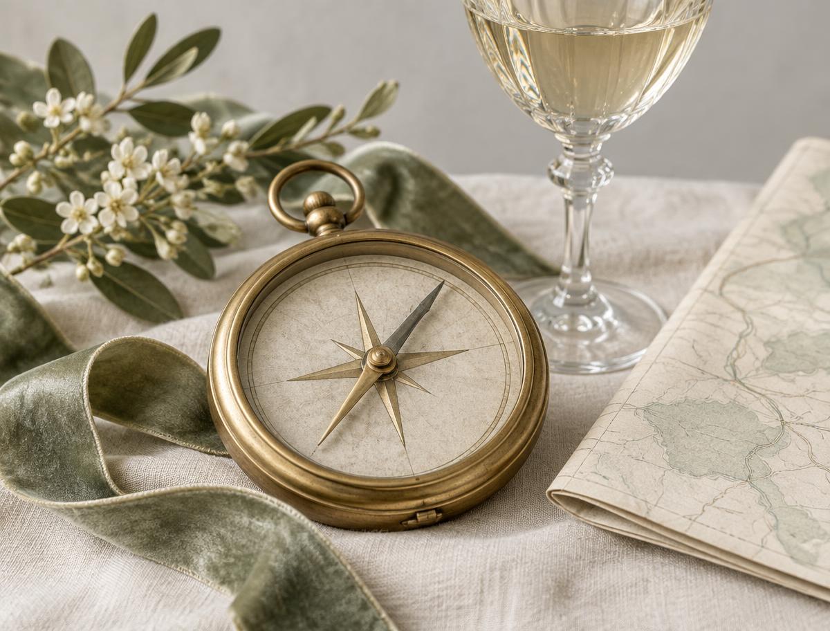 Antique compass, wine glass and folded map, symbols of discovery