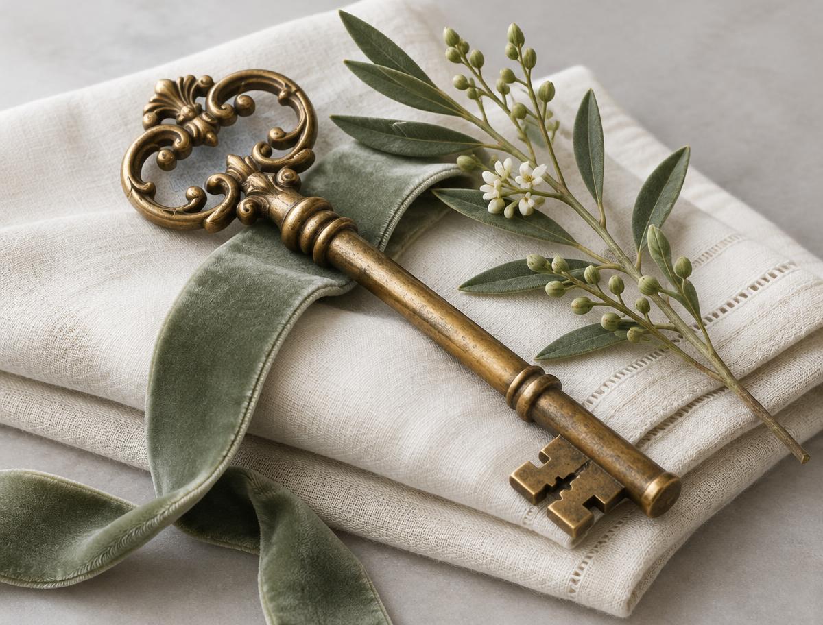 Antique brass key resting on soft linen and a sage ribbon