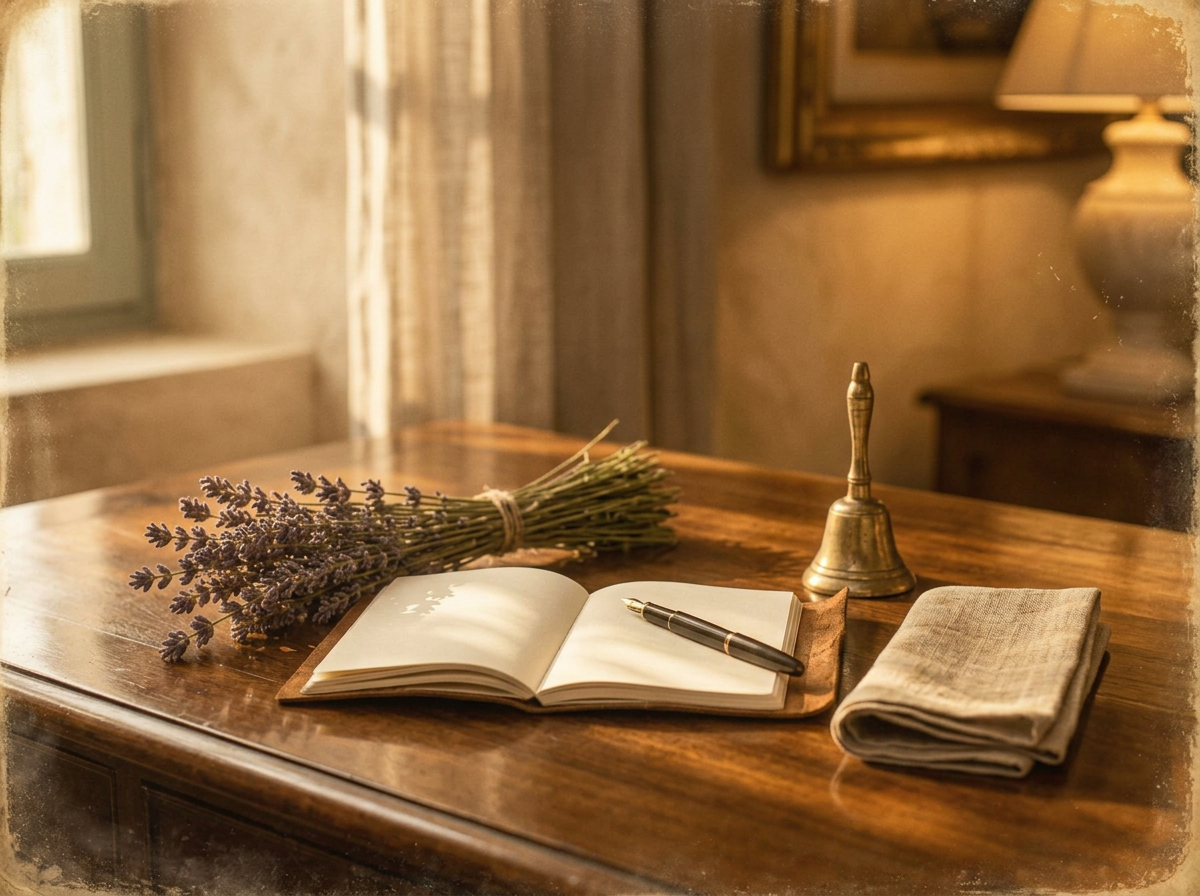 An open blank-paged notebook with a fountain pen, a brass hand bell, folded linen and a bundle of dried lavender resting on a wooden desk in soft window light